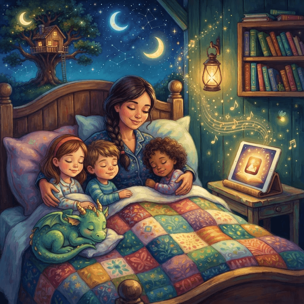 A family snuggled together reading a Victoria & Atlas bedtime story under a starry sky with a friendly baby dragon