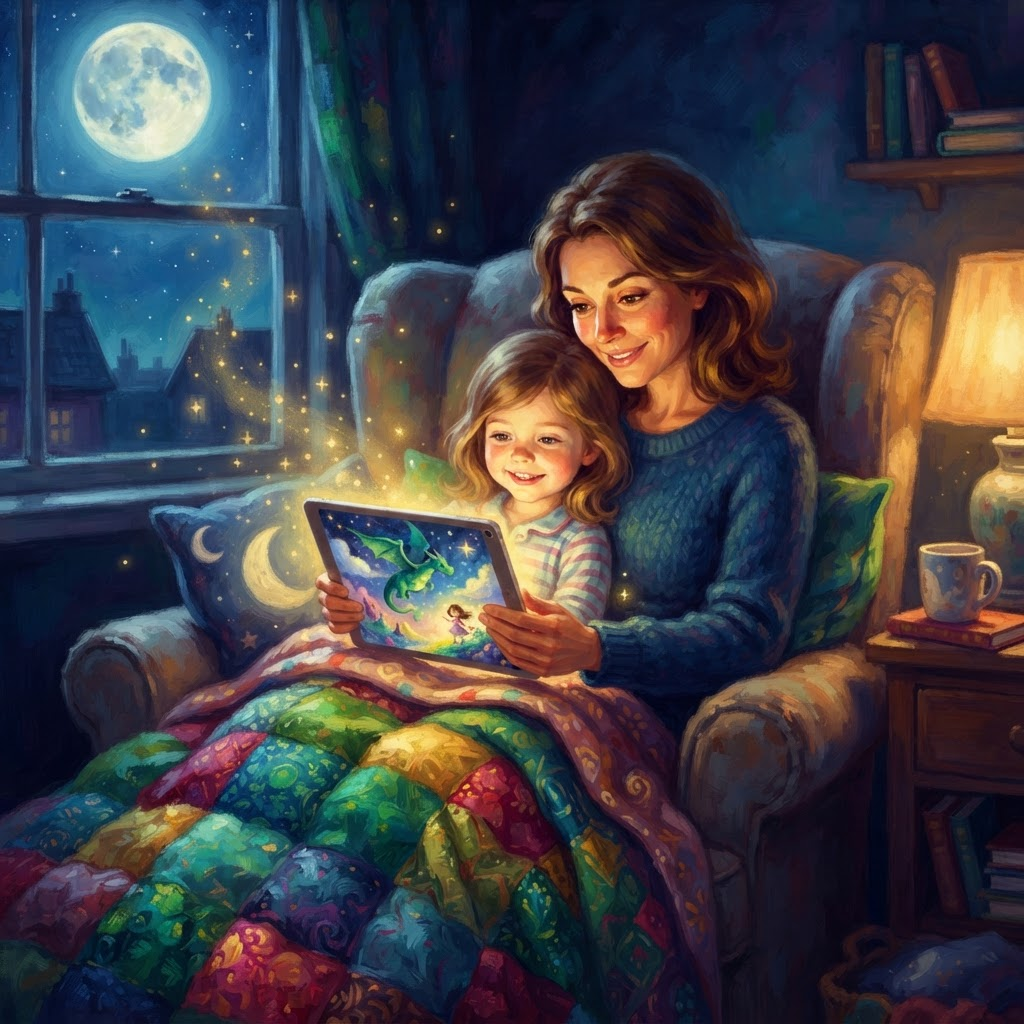 A grown-up and a child reading a bedtime story together on a glowing tablet