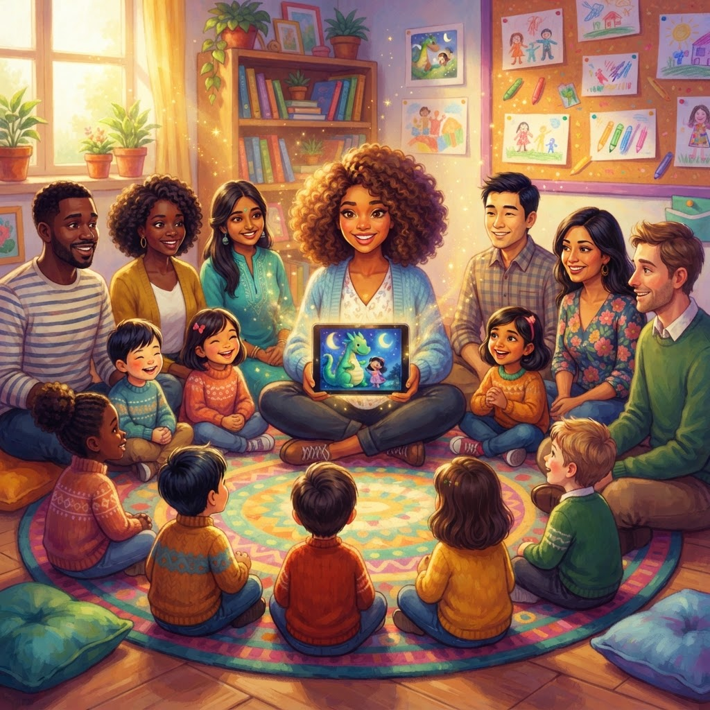 A calm classroom at story time, children gathered around a tablet with Victoria and Atlas