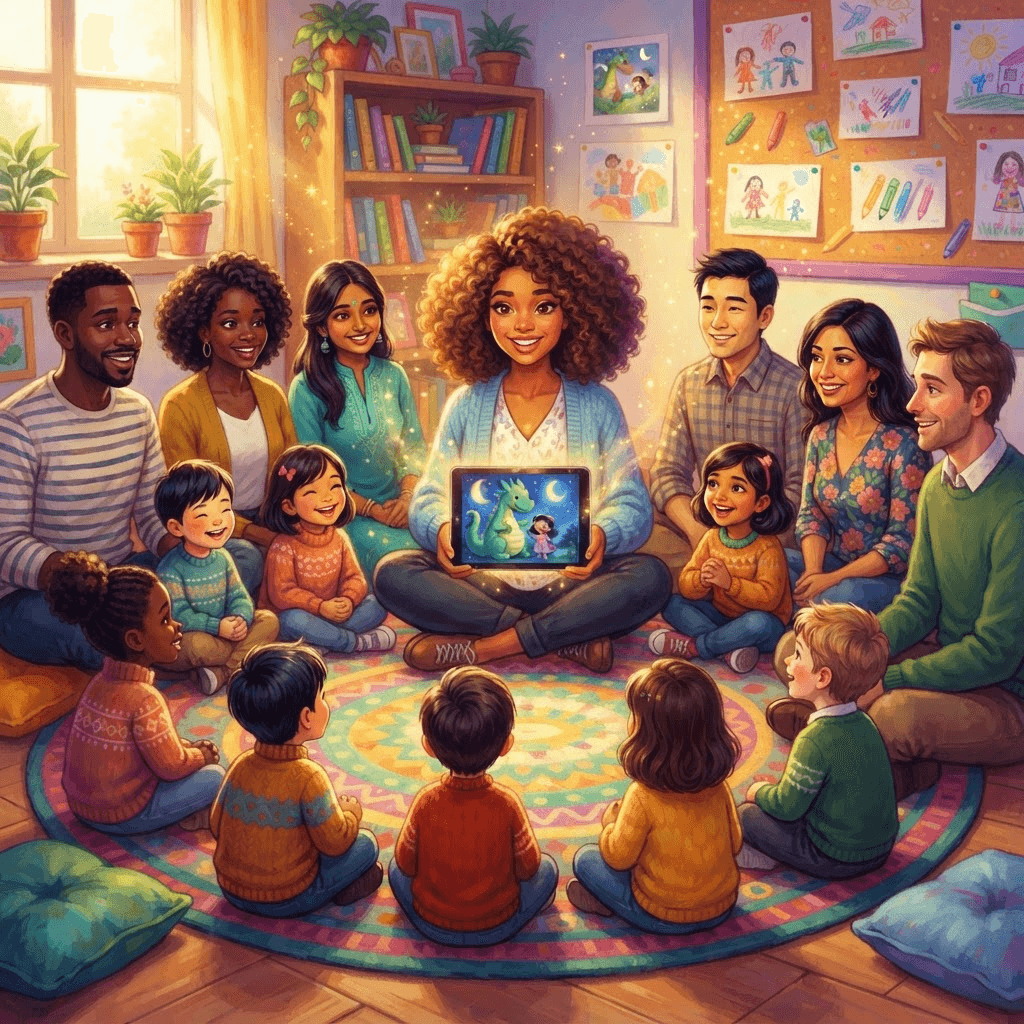 A calm classroom at story time, children gathered around a tablet with Victoria and Atlas