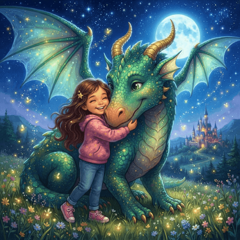 Victoria hugging Atlas the kindhearted emerald dragon beneath a starry sky