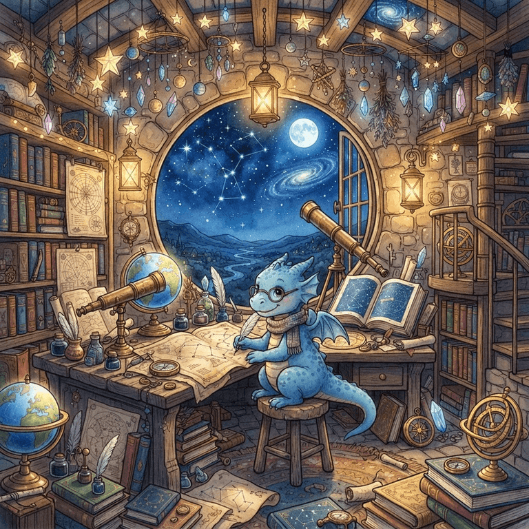 Inside Atlas’ observatory, full of maps, telescopes, and glowing keepsakes