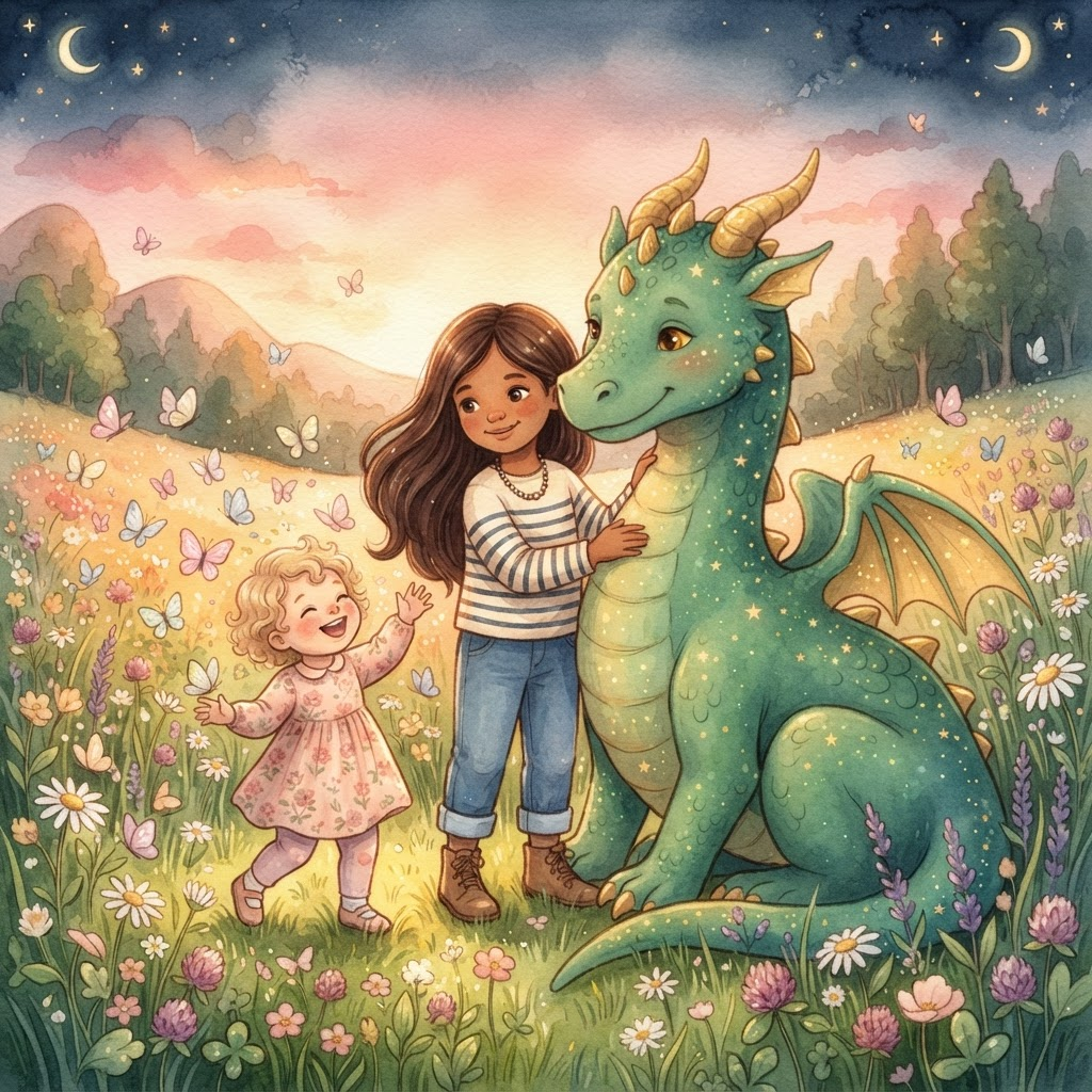 Victoria and Atlas the emerald dragon in a sunlit meadow of butterflies with a young child