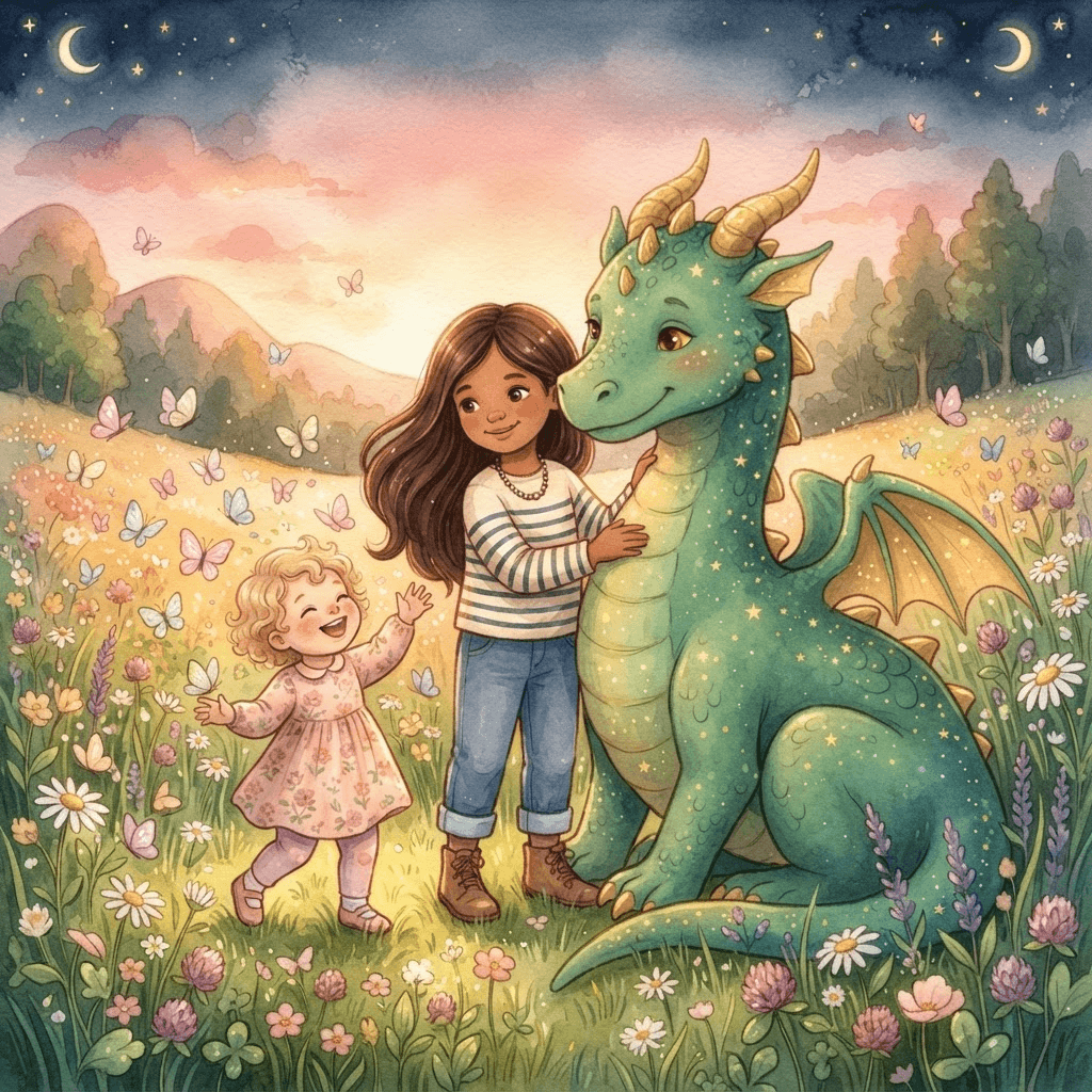 Victoria and Atlas the emerald dragon in a sunlit meadow of butterflies with a young child
