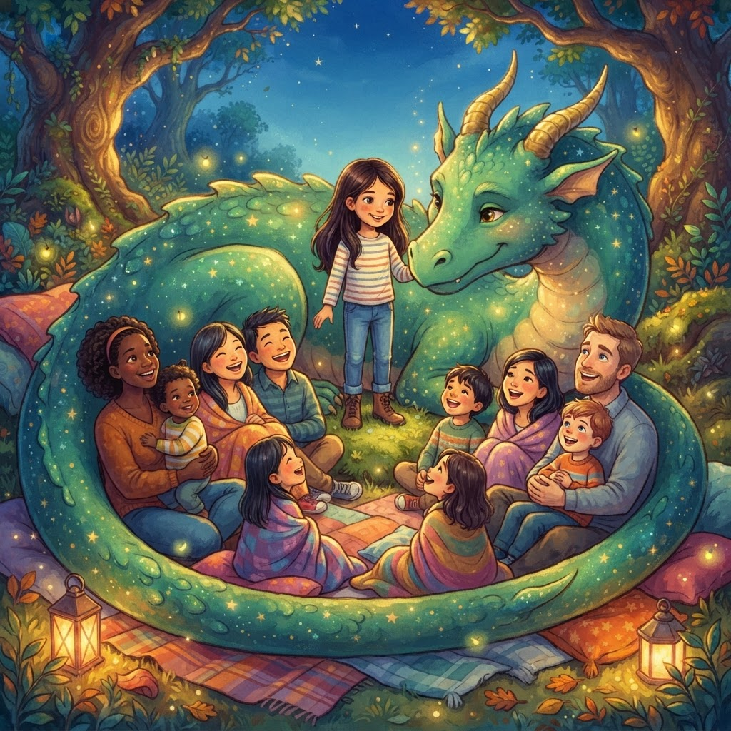 Victoria and Atlas with families gathered together in a starlit forest